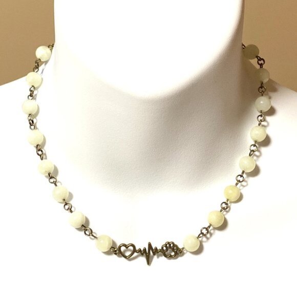 Jewelry - Genuine Pale Green Serpentine Necklace, Bronze Paw Print Heart Beat + Gemstone